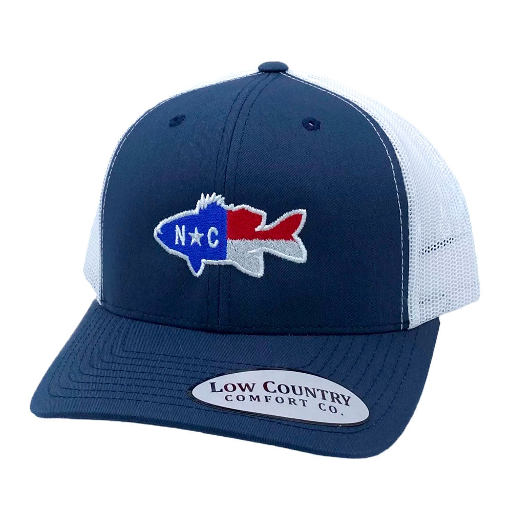 North Carolina Flag with Icon Embroidered Hat Bass Fishing- Navy with White